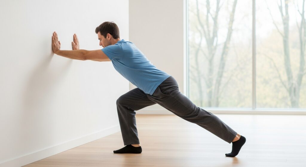 아침 종아리 통증 완화를 위한 종아리 스트레칭 시작 자세