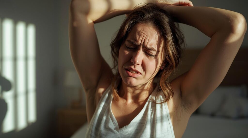 아침에 일어나서 몸이 뻐근한 여성 실사화