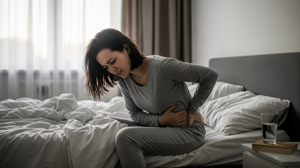 아침에 옆구리 통증을 느끼는 실사 이미지