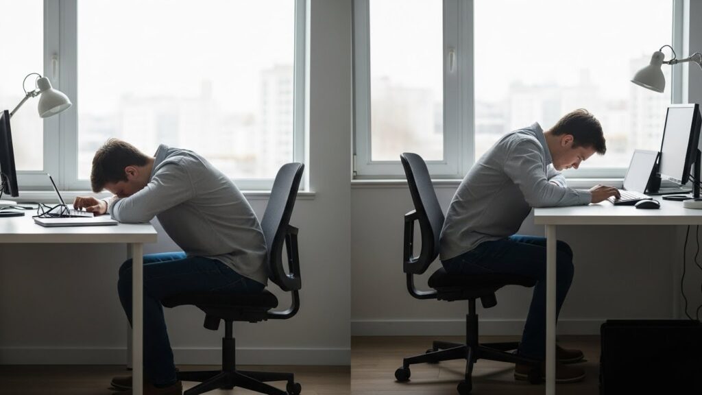 등 중간 통증을 유발할 수 있는 잘못된 자세 실사 이미지