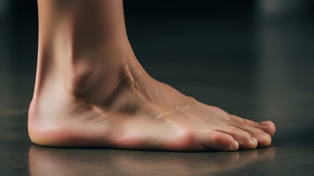 딱딱한 바닥에 서 있는 장면 — 발목 안쪽 긴장 증가 예시 이미지