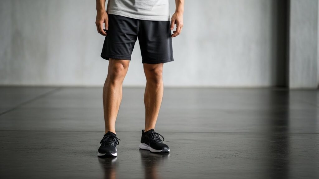 딱딱한 바닥에서 서 있는 장면 — 무릎 외측 라인에 부담을 줄 수 있는 환경