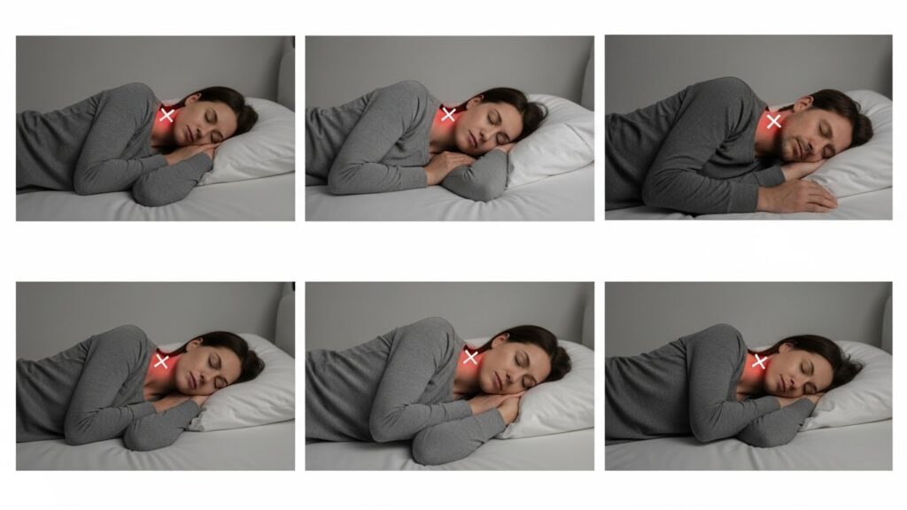 목 뒤쪽 통증을 유발할 수 있는 잘못된 수면 자세 실사 이미지