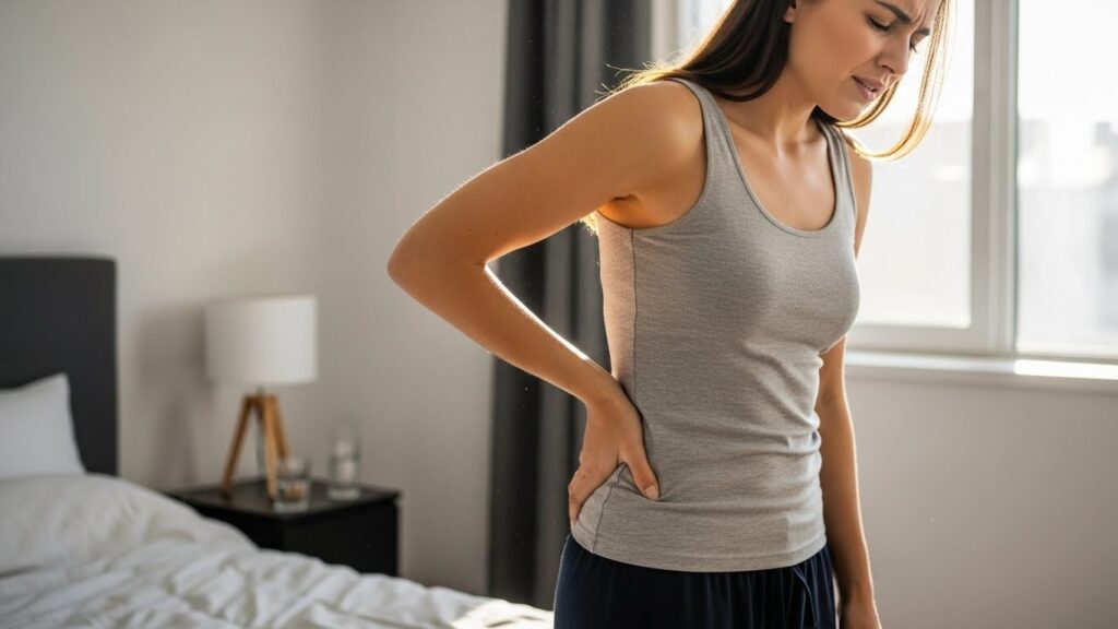 아침 골반 바깥쪽 통증을 느끼는 여성 실사 이미지