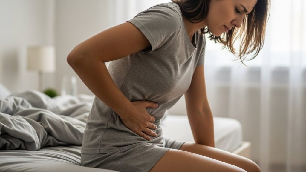 아침 골반 안쪽 통증을 느끼는 여성 실사