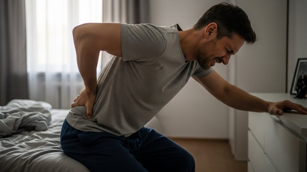 아침 등 아래쪽 통증으로 상체를 세우기 힘들어하는 남성 실사 이미지