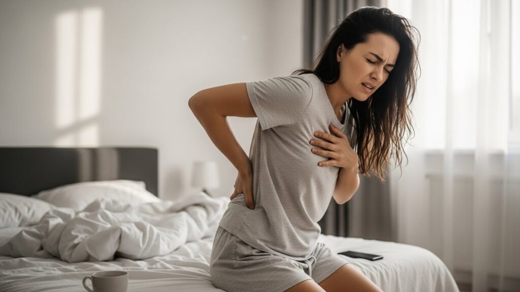 아침 등 중간 통증으로 견갑 사이가 뻣뻣한 여성 실사 이미지