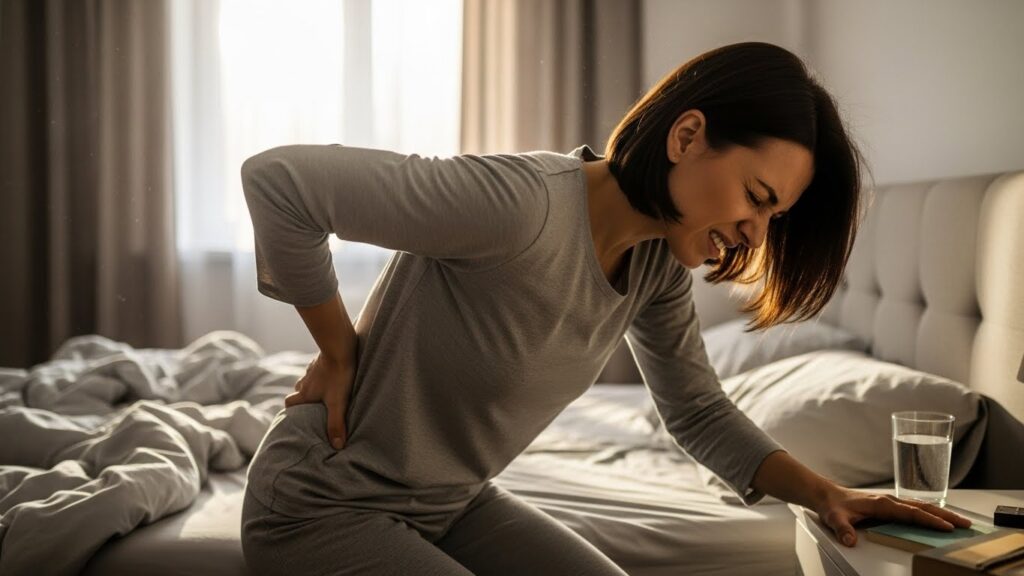 아침 등 통증으로 상체를 세우기 힘들어하는 여성 실사 이미지