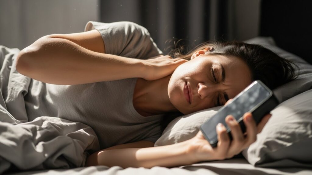 아침 목 뒤쪽 통증으로 고개를 돌리기 힘들어하는 여성 실사 이미지