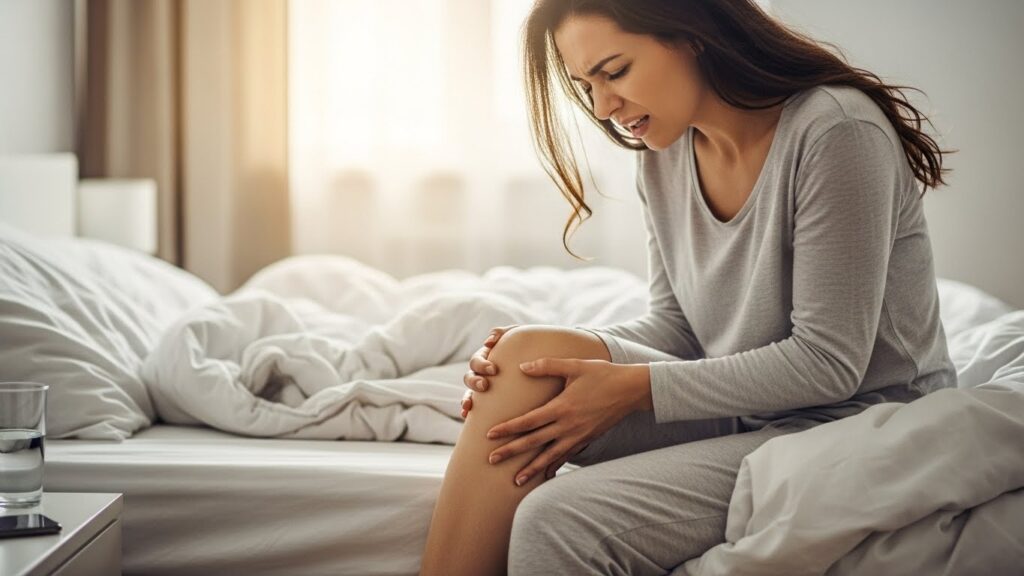 아침 무릎 바깥쪽 통증을 느끼는 여성 실사 이미지