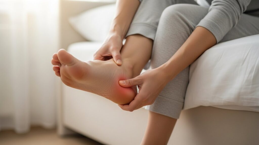 아침 발바닥 안쪽 통증을 느끼는 여성 실사 이미지