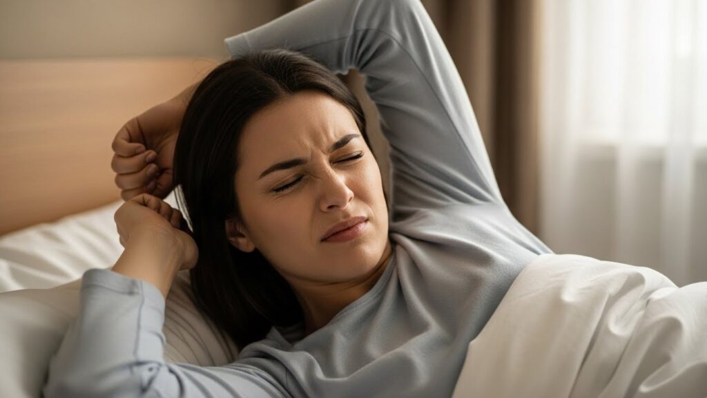 아침 어깨 뒤쪽 통증으로 상체를 움직이기 불편한 여성 실사 이미지