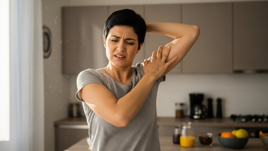 아침 어깨 앞쪽 통증으로 팔을 들기 힘들어하는 여성 실사 이미지