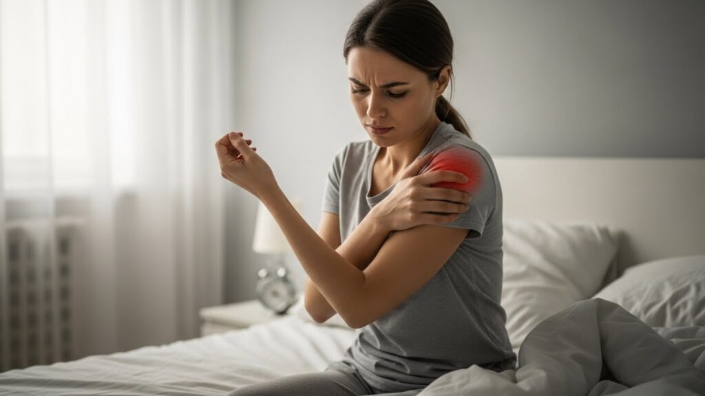 아침 어깨 옆쪽 통증으로 팔을 들기 불편한 여성 실사 이미지