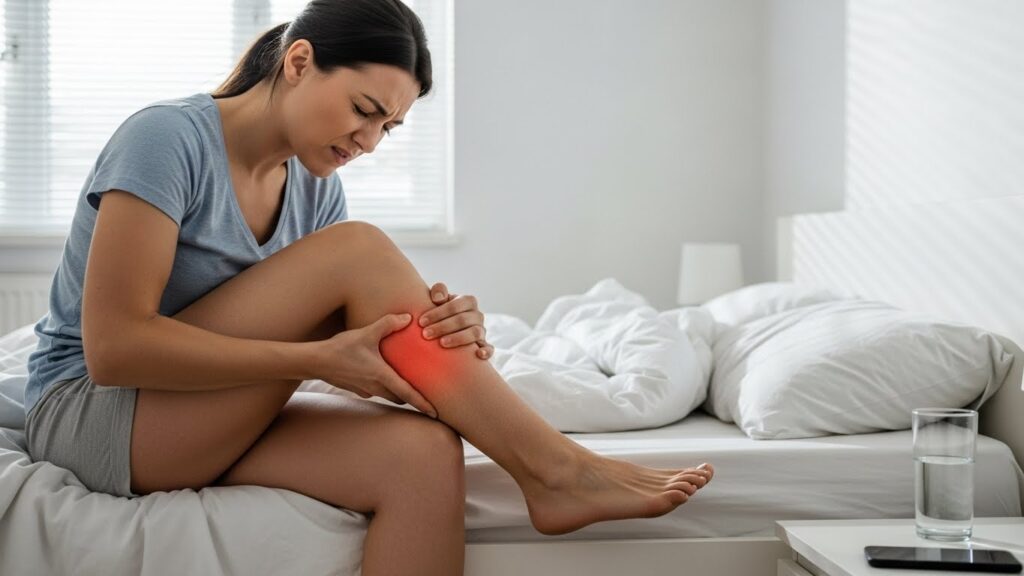 아침 종아리 바깥쪽 통증을 느끼는 여성 실사 이미지