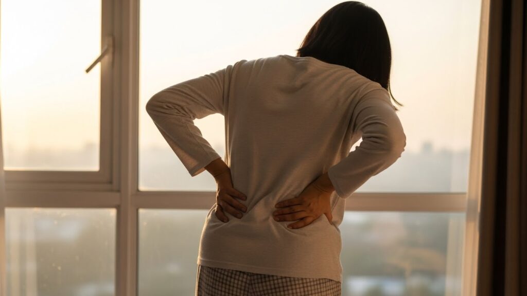 아침 허리 바깥쪽 통증을 느끼는 여성 실사