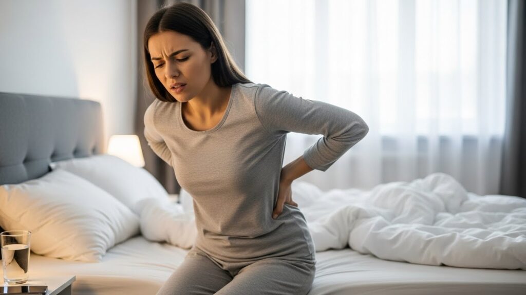 아침 허리 중앙 통증을 느끼는 여성 실사