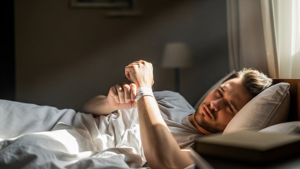 아침에 일어나 손목을 가볍게 돌리며 뻣뻣함을 느끼는 30대 성인의 실사 컷