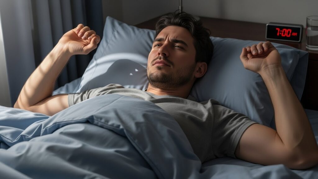 아침에 일어나 팔꿈치를 천천히 펴보며 뻣뻣함을 느끼는 30대 성인의 실사 장면