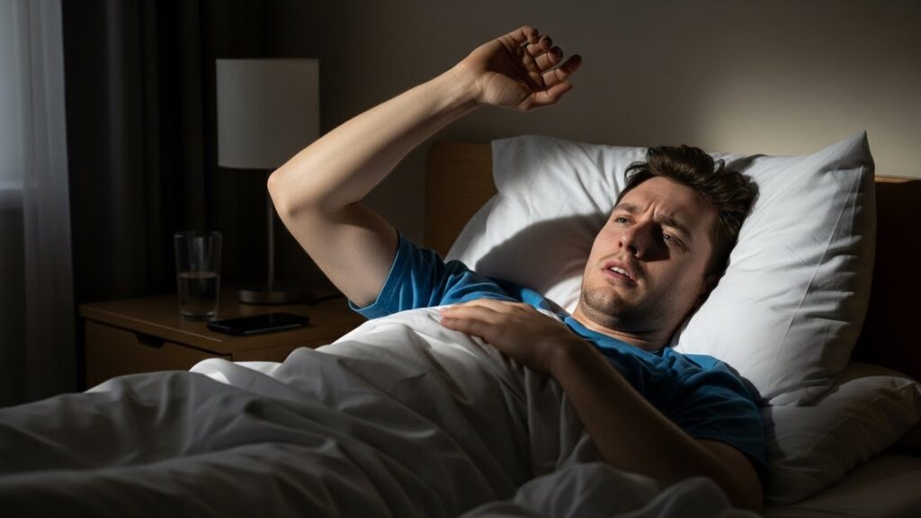 아침에 침대에서 일어나 팔을 들어보며 저림과 묵직함을 느끼는 30대 성인의 실사 장면