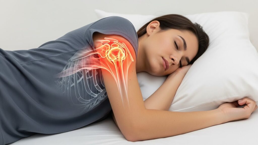 어깨 앞쪽 통증을 유발할 수 있는 잘못된 수면 자세 실사 이미지