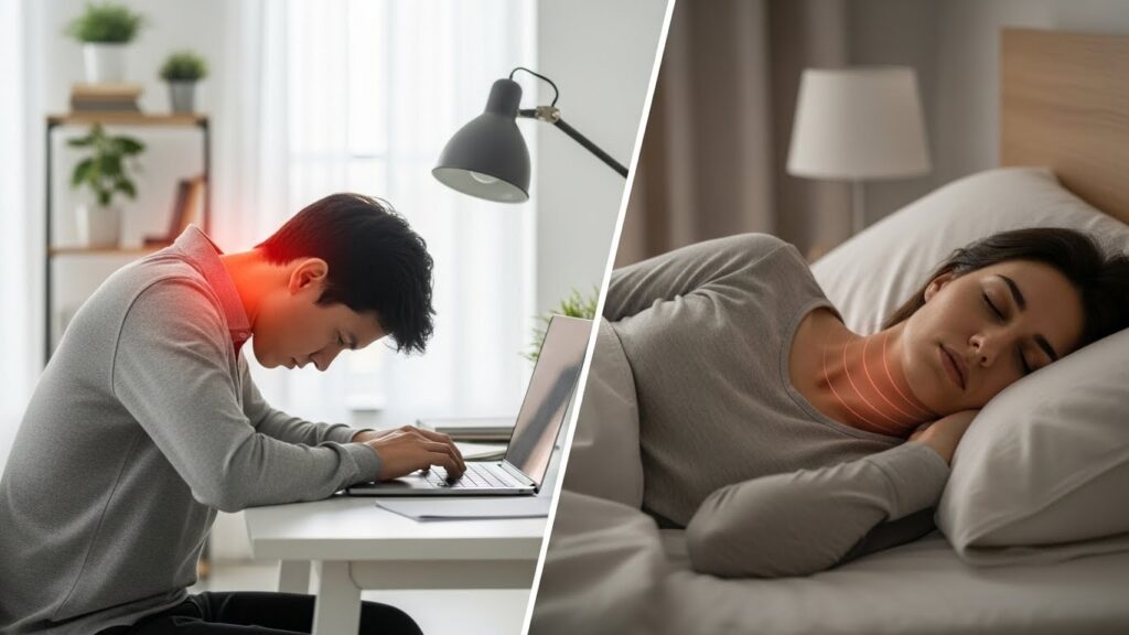 업무 중 목이 앞으로 빠진 자세가 누적되어 수면 중 목 부담으로 이어질 수 있는 상황을 보여주는 실사 컷