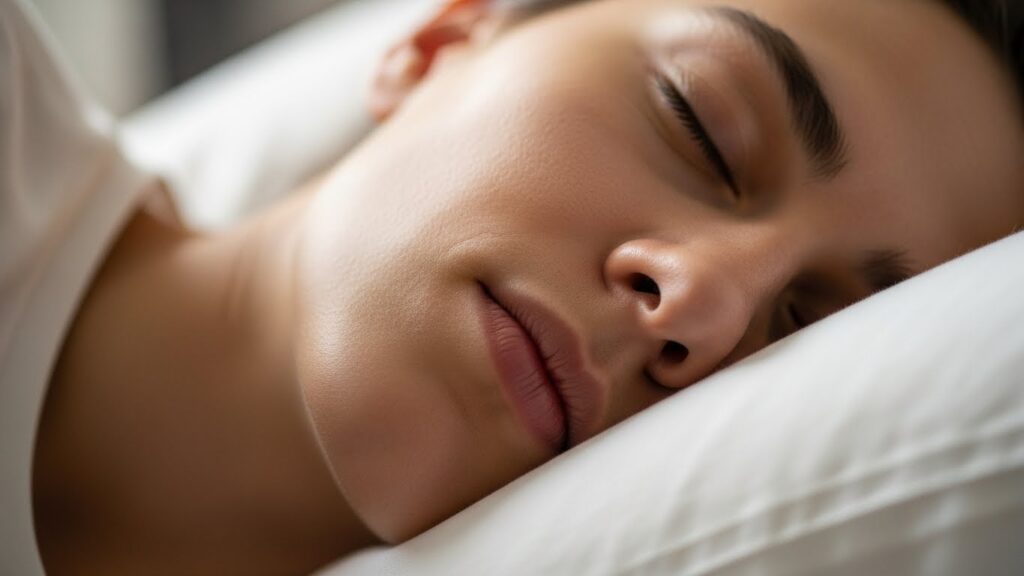 옆으로 누워 자는 자세에서 한쪽 턱이 베개에 눌릴 수 있는 상황을 보여주는 실사 컷