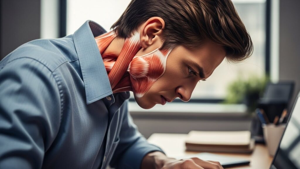 책상에서 고개가 앞으로 빠진 자세로 작업하며 턱과 목 주변 긴장이 쌓일 수 있는 상황을 보여주는 실사 컷