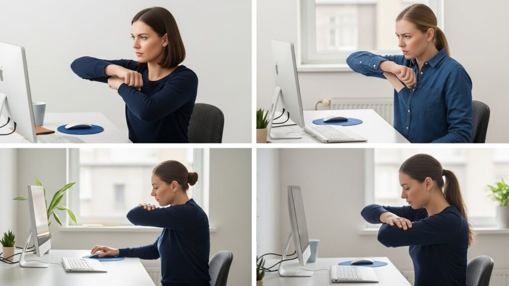 책상에서 팔꿈치를 구부린 채 오래 작업하며 팔꿈치와 손목에 부담이 쌓일 수 있는 상황을 보여주는 실사 컷