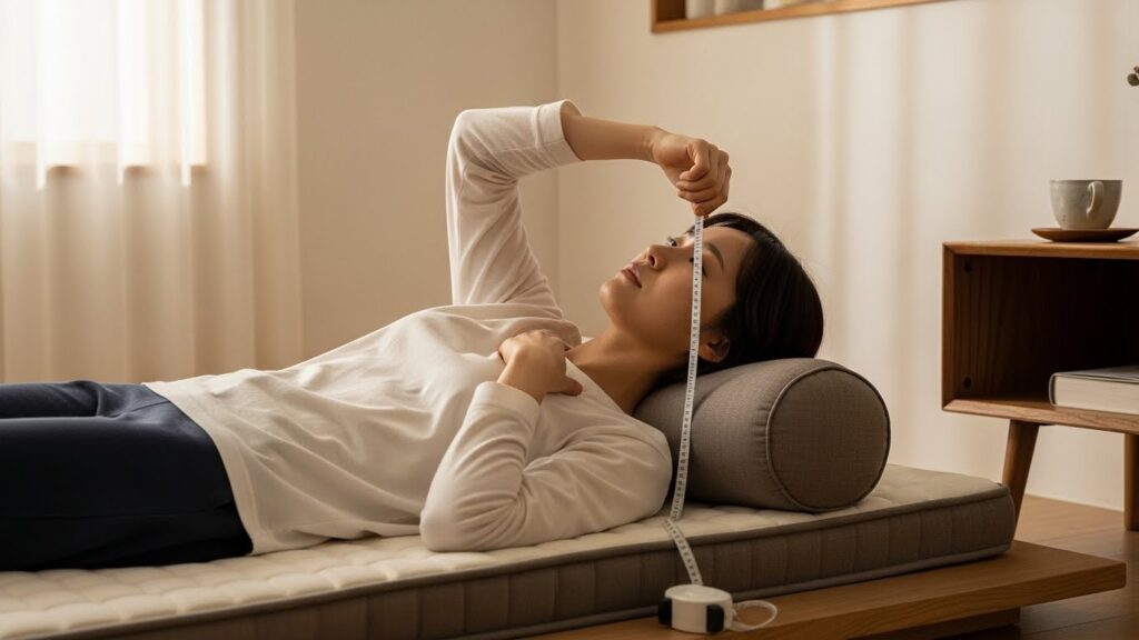 침대에서 베개 높이를 가늠하며 목과 어깨 정렬을 확인하는 30대 성인의 실사 장면