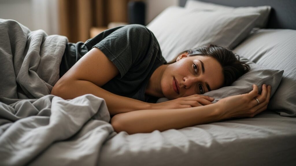 침대에서 옆으로 누워 팔이 꺾인 자세를 취하는 모습