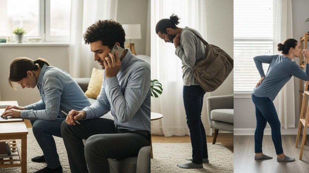 허리 바깥쪽 부담을 증가시키는 생활 자세 예시 이미지