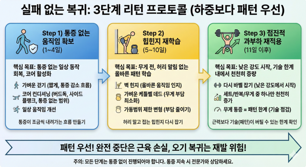 데드리프트 허리 보호를 위한 5가지 핵심 포인트(바의 거리, 힙힌지, 복압, 슬랙아웃, 하강 컨트롤) 인포그래픽
