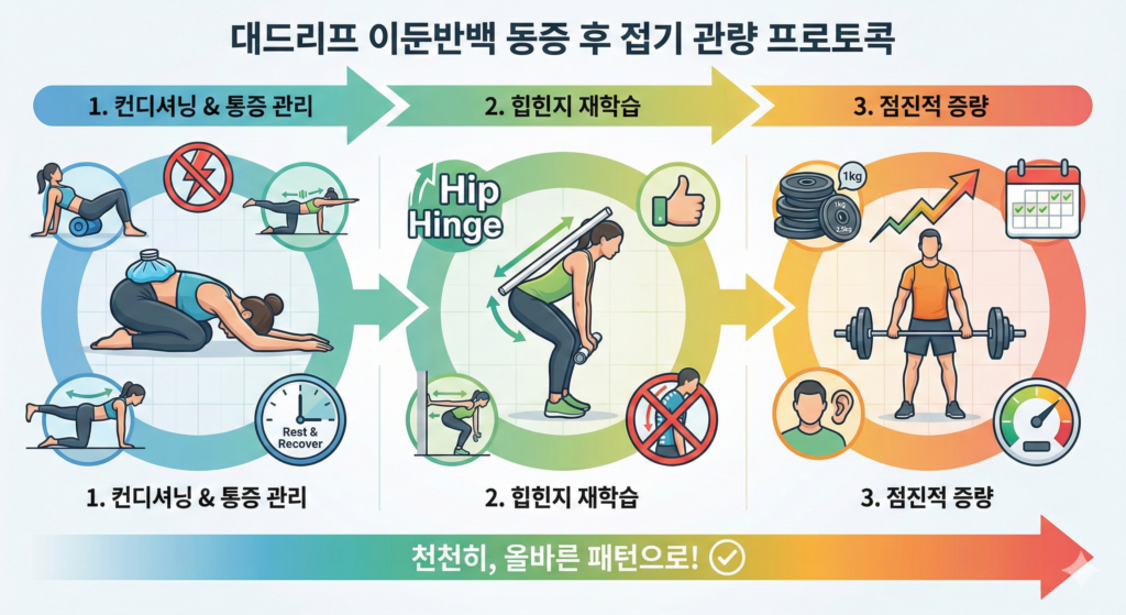 데드리프트 후 허리 통증이 있을 때 3단계 복귀 프로토콜(컨디셔닝, 힙힌지 재학습, 점진적 증량) 인포그래픽