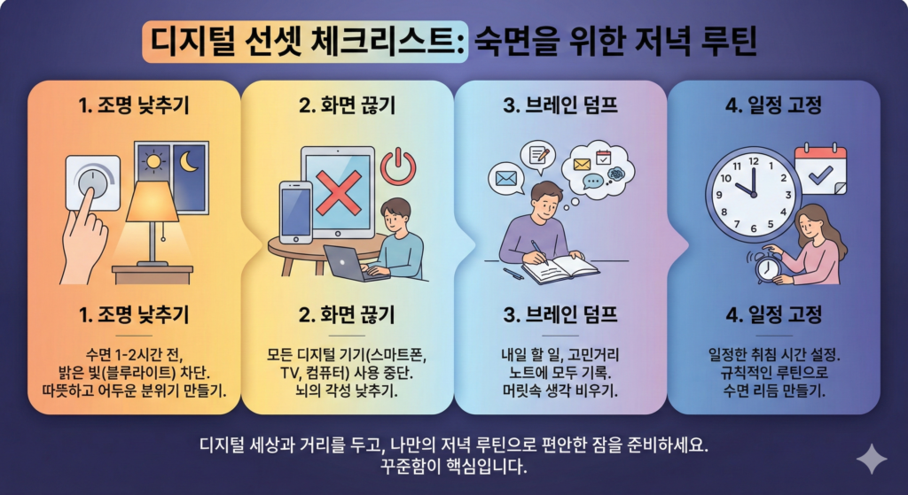 디지털 선셋 체크리스트(조명 낮추기, 화면 끊기, 브레인 덤프, 일정 고정) 인포그래픽