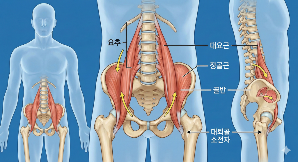 장요근(iliopsoas)이 요추와 골반을 연결하는 위치를 보여주는 해부학 인포그래픽