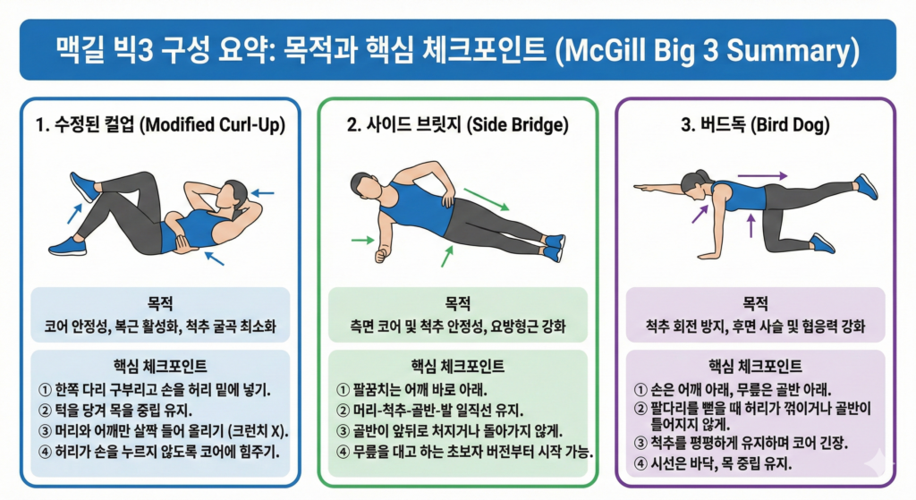 맥길 빅3 구성 요약 인포그래픽: 수정된 컬업, 사이드 브릿지, 버드독의 목적과 핵심 체크포인트