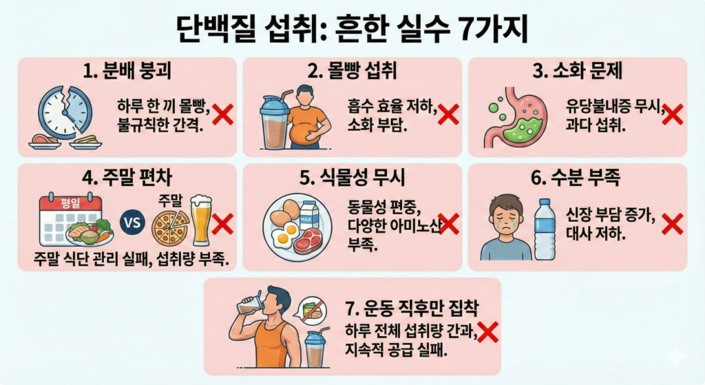 단백질 섭취에서 자주 하는 실수 7가지를 아이콘으로 정리한 인포그래픽(분배 붕괴, 몰빵, 소화, 주말 편차 등)