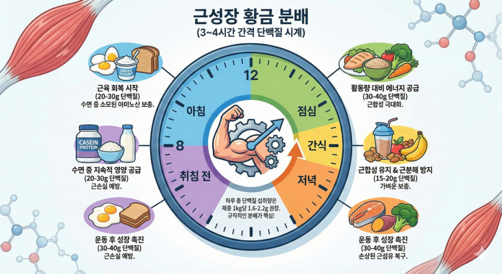 근성장 단백질 분배를 3~4시간 간격 시계 형태로 보여주는 인포그래픽(아침-점심-간식-저녁-취침 전)