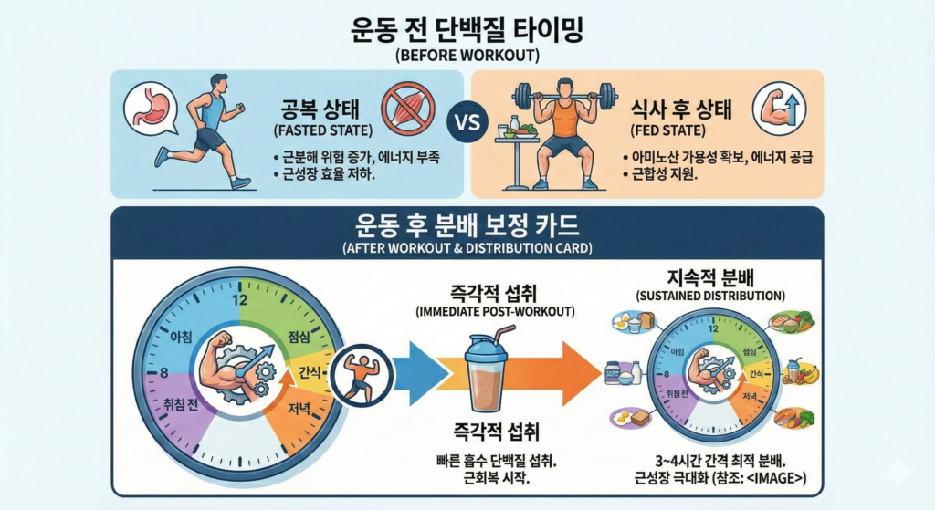 운동 단백질 타이밍을 전후로 비교한 인포그래픽(전: 공복/식사 여부, 후: 분배 보정 카드)