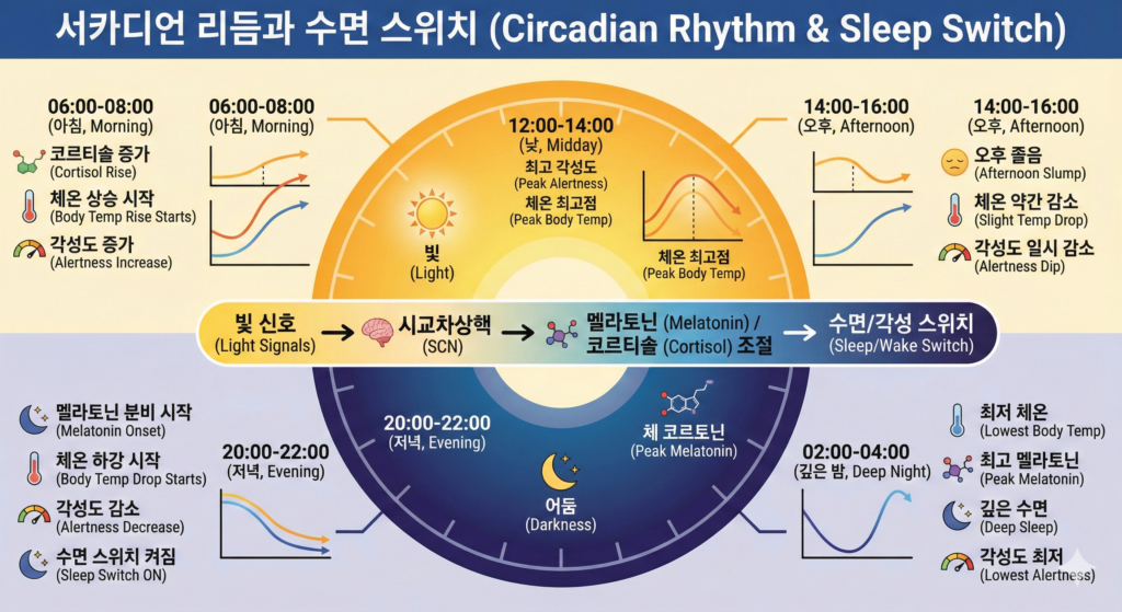 서카디언 리듬과 수면 스위치(빛·리듬 신호·체온·각성도의 흐름) 인포그래픽