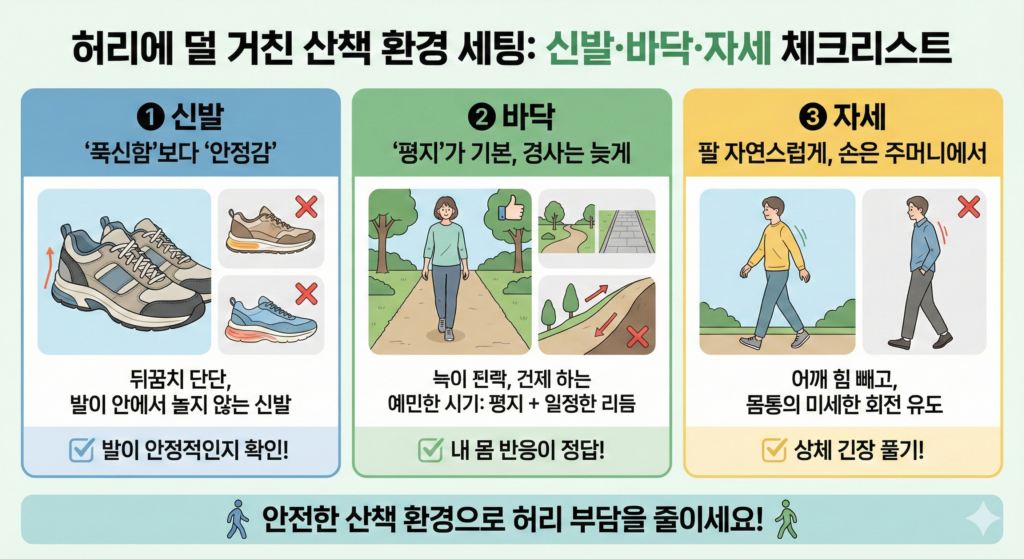 허리 통증 산책을 위한 신발 선택, 바닥 선택, 자세 체크리스트를 한 장으로 정리한 인포그래픽