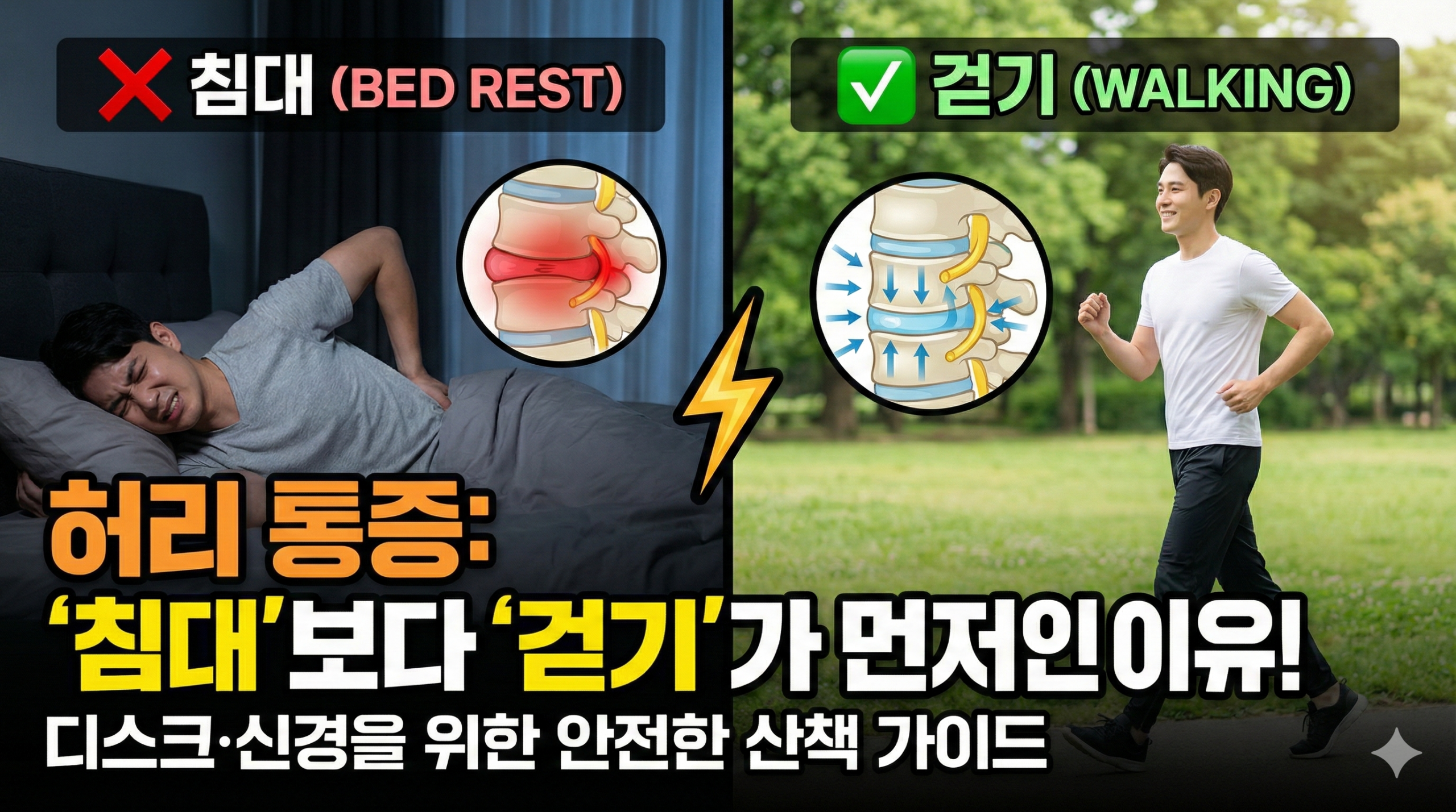 허리 통증이 있을 때 ‘침대’보다 ‘걷기’가 먼저인 이유: 디스크·신경을 위한 안전한 산책 가이드
