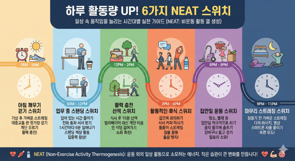 하루 구간별로 활동량을 올리는 여섯 가지 스위치를 정리한 인포그래픽