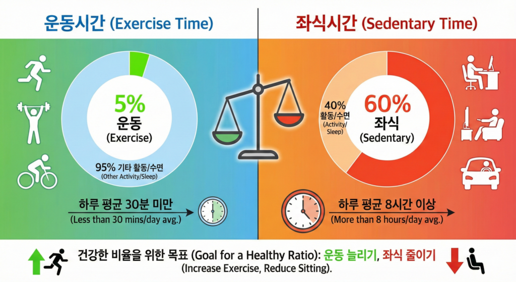 운동시간과 좌식시간 비율을 비교한 인포그래픽