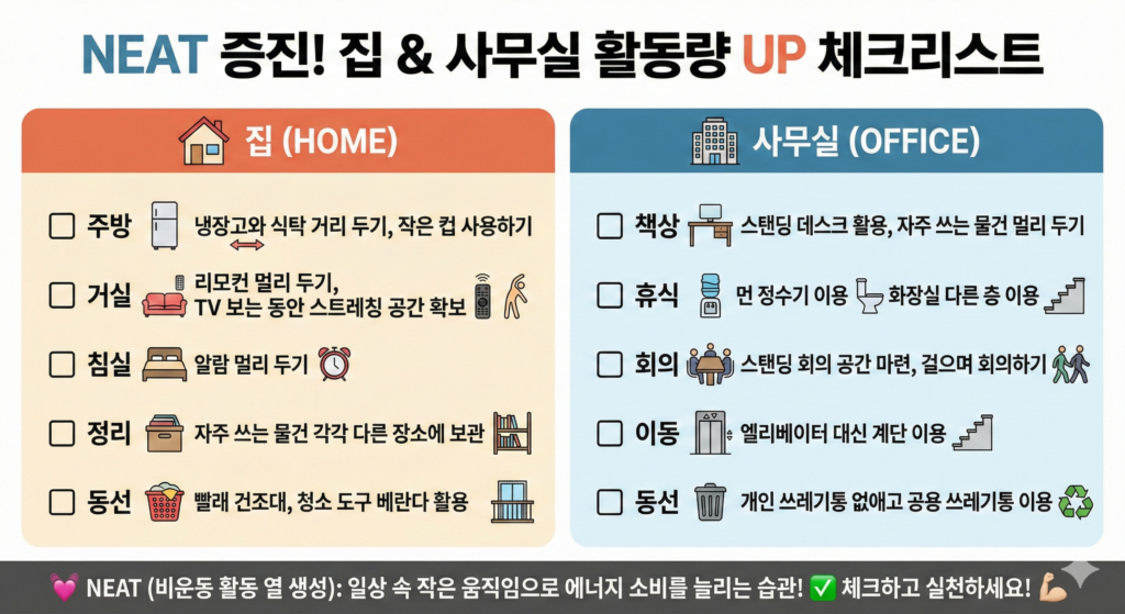 집과 사무실에서 동선 배치로 활동량을 늘리는 체크리스트 인포그래픽